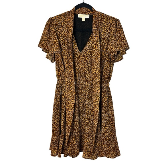 Michael Kors Gold Brown Leopard Print Cap Flutter Sleeve Midi Dress Women M - Picture 1 of 13